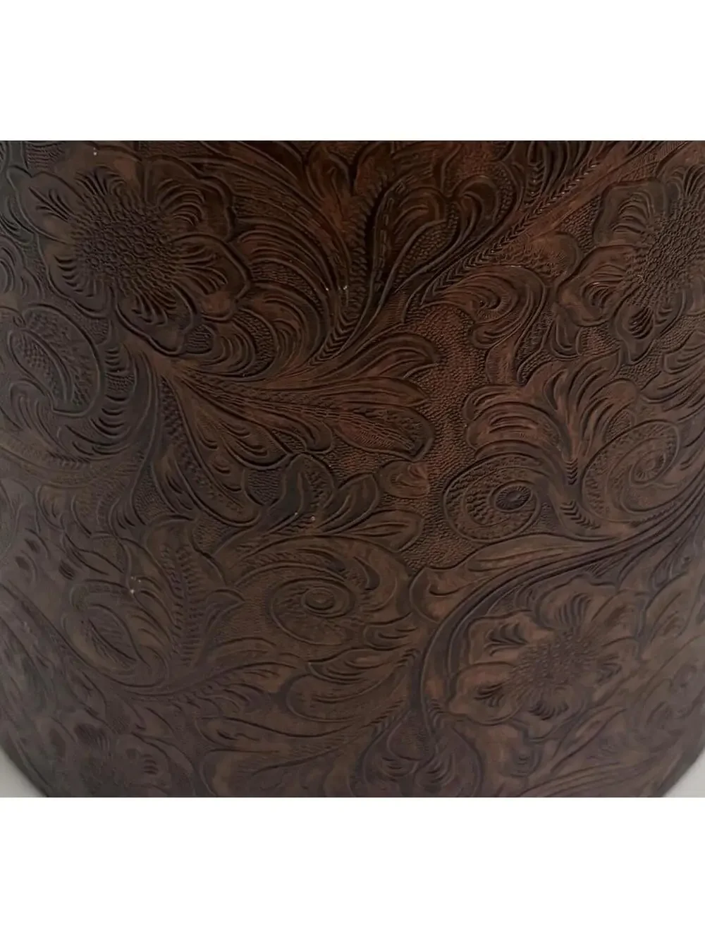 Irvinware | MCM Vintage Ice Bucket Brown Black Faux Leather Floral Embossed Lid